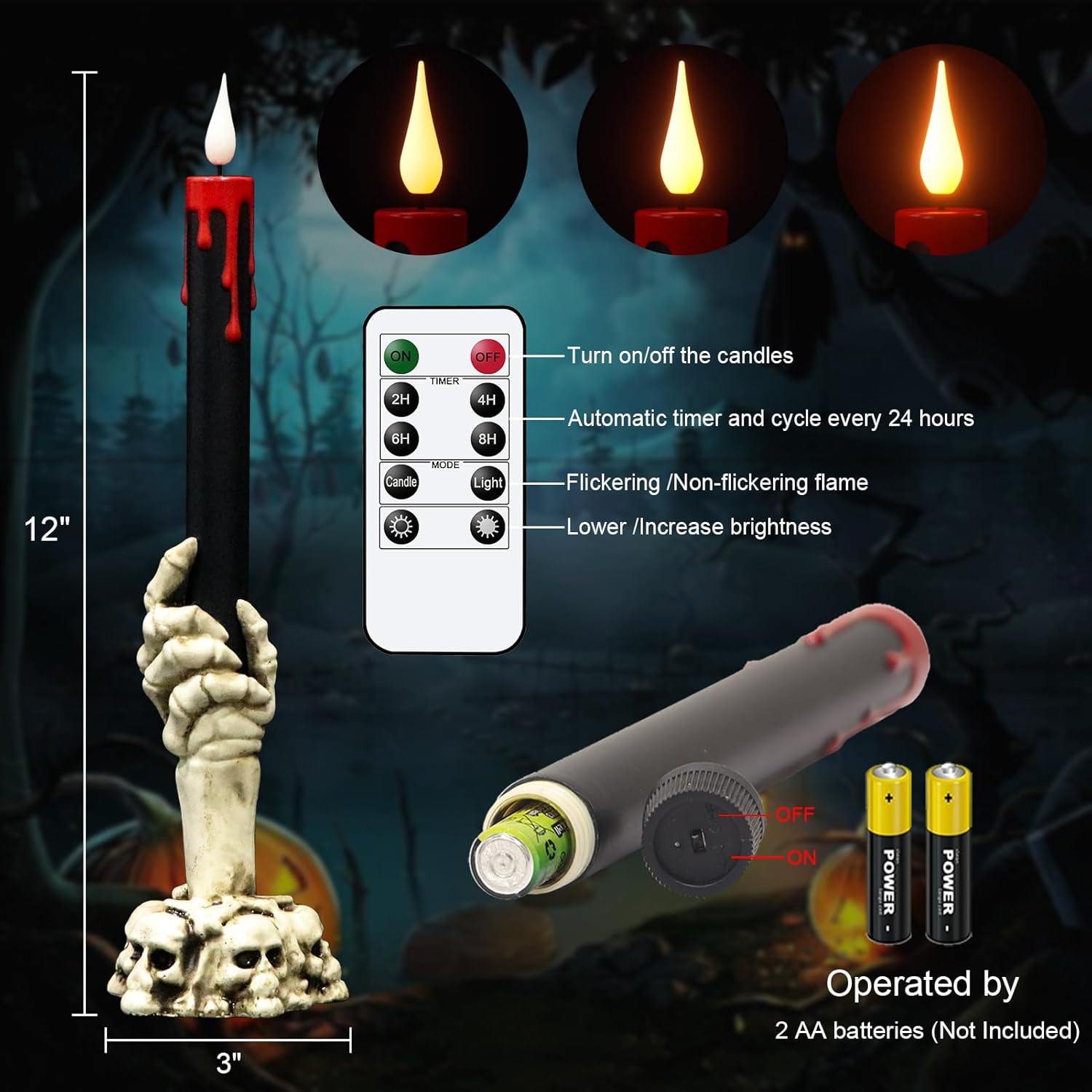 GenSwin Halloween Black Taper Flameless Candles with Ghost Hand Candlesticks and Remote Timer, 2
