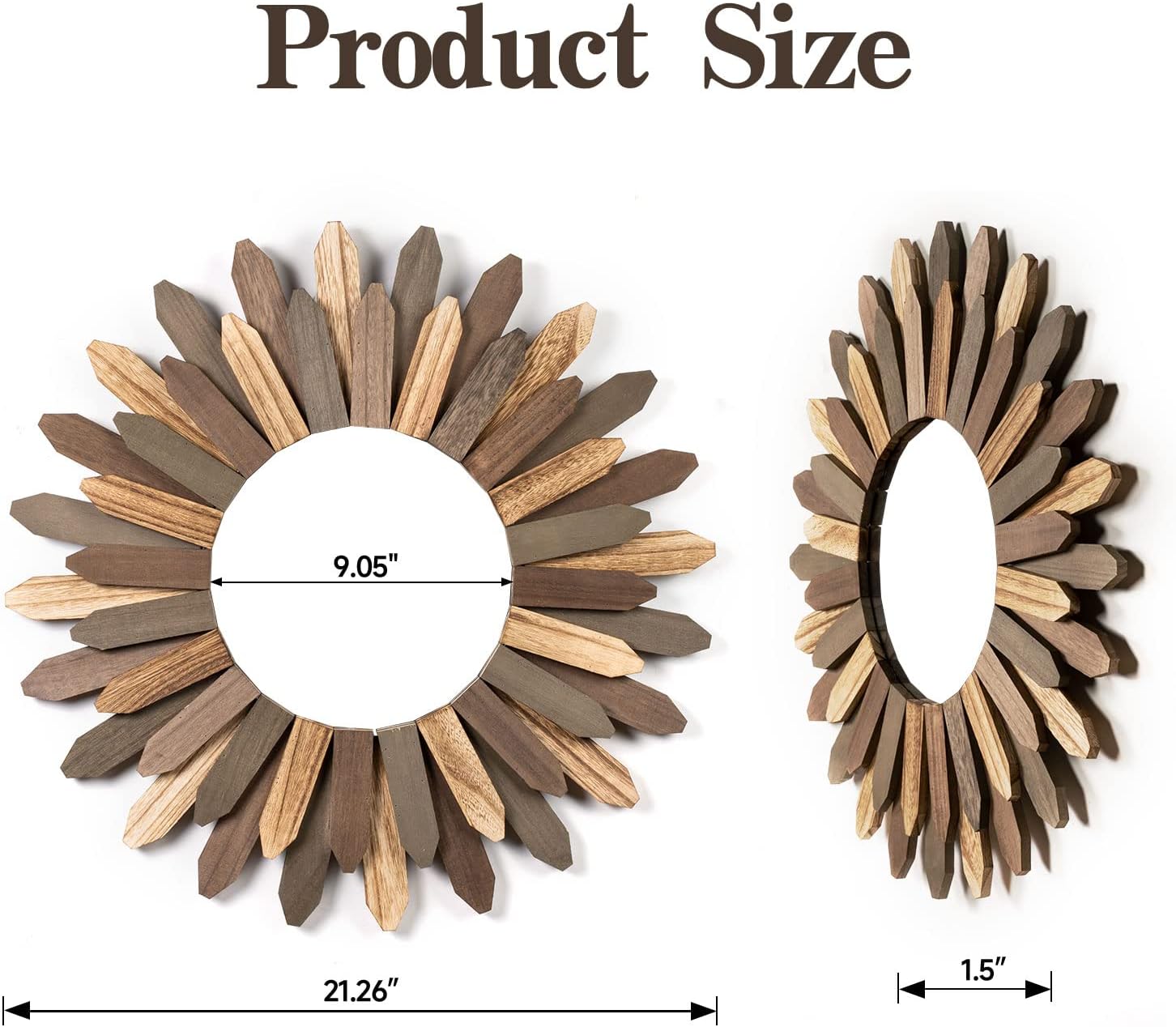 Honiway Boho Wall Decor 21 inch Wall Mirror Rustic Wood Decorative Mirror for Room Decor Rustic