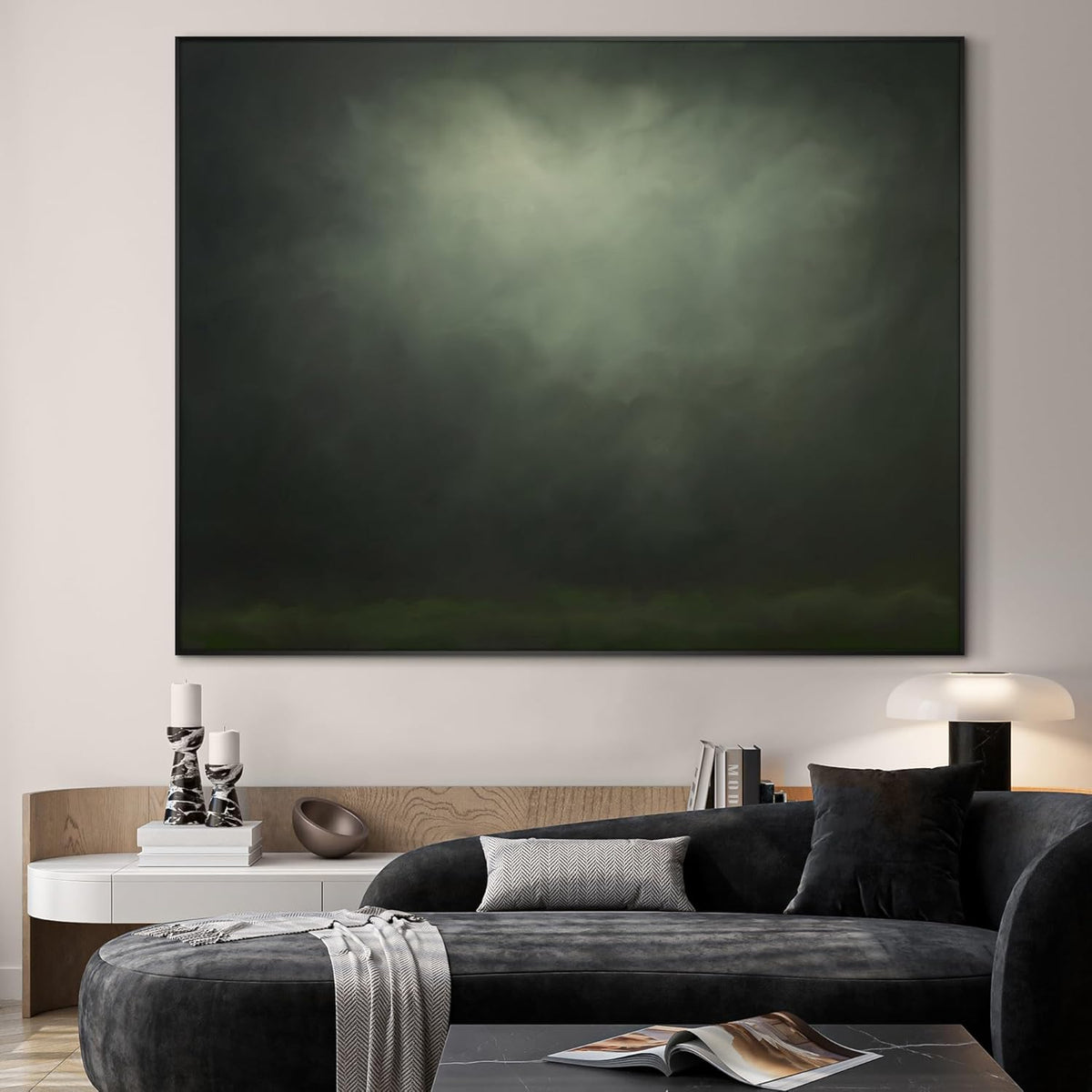SIGNWIN 60"x72" Extra Large Framed Wall Art Moody Green Abstract Cloudscape, Minimalist Atmospheric