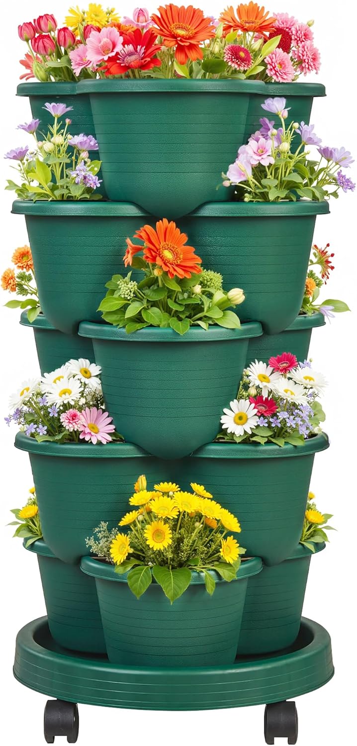 VECELO 5 Tier Vertical Garden Planter, Self Watering Stackable Planters with Wheels for