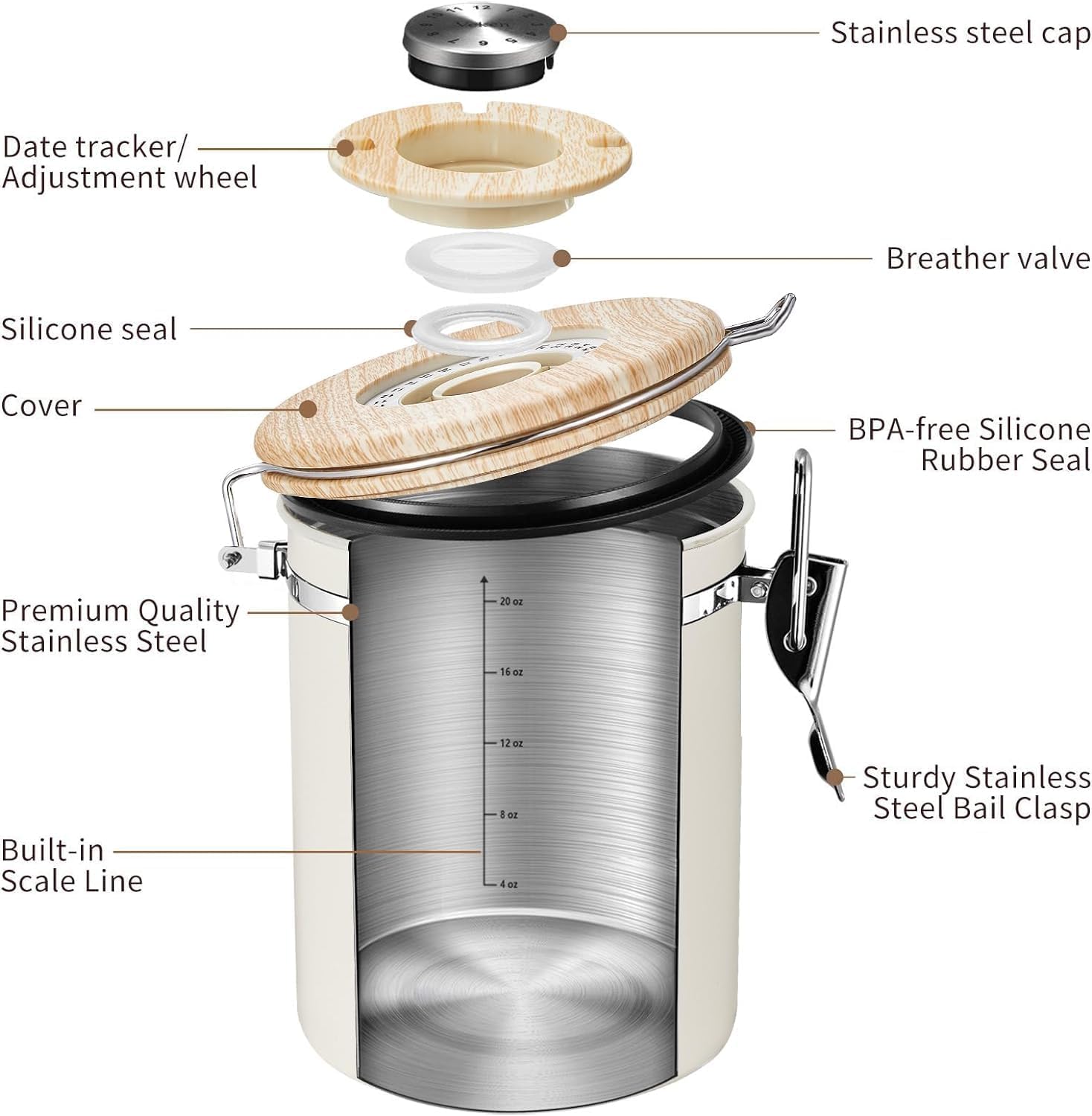 Veken Coffee Sugar Canister with Window, Coffee Lover Gift Set,Airtight Stainless Steel Kitchen