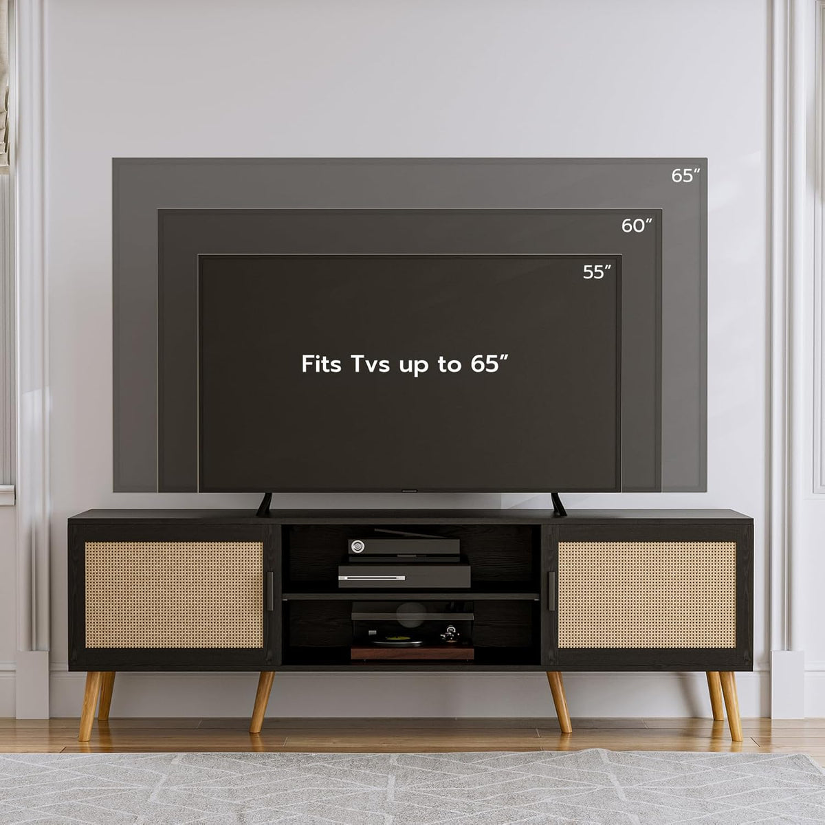 TV Stand for TVs up to 65'', Entertainment Center with Rattan Door, Shelves & 2 Cabinets, Boho