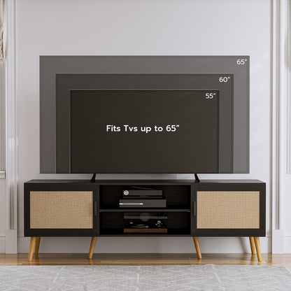 TV Stand for TVs up to 65'', Entertainment Center with Rattan Door, Shelves & 2 Cabinets, Boho