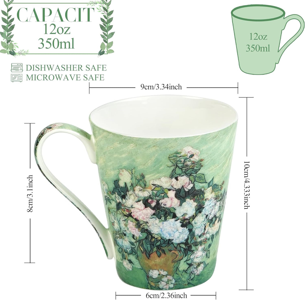 Coffee Mug Sets of 4, 12oz Bone China Porcelain Cups with Art Print Large Handle Dishwasher