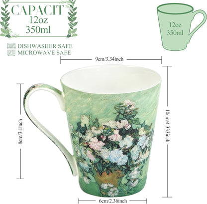 Coffee Mug Sets of 4, 12oz Bone China Porcelain Cups with Art Print Large Handle Dishwasher