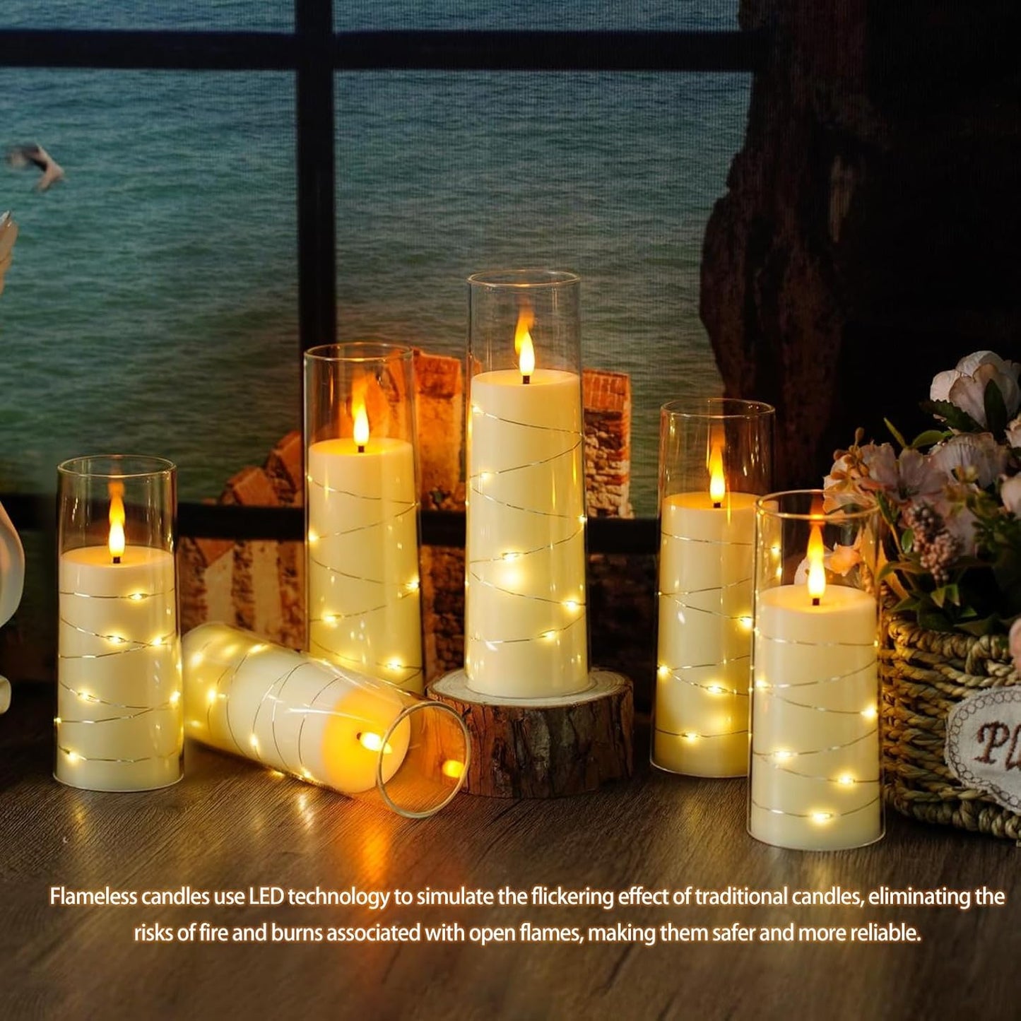 Flickering Flameless LED Candles,Battery Operated Candles 9 Pcs with Embedded Star String,Acrylic