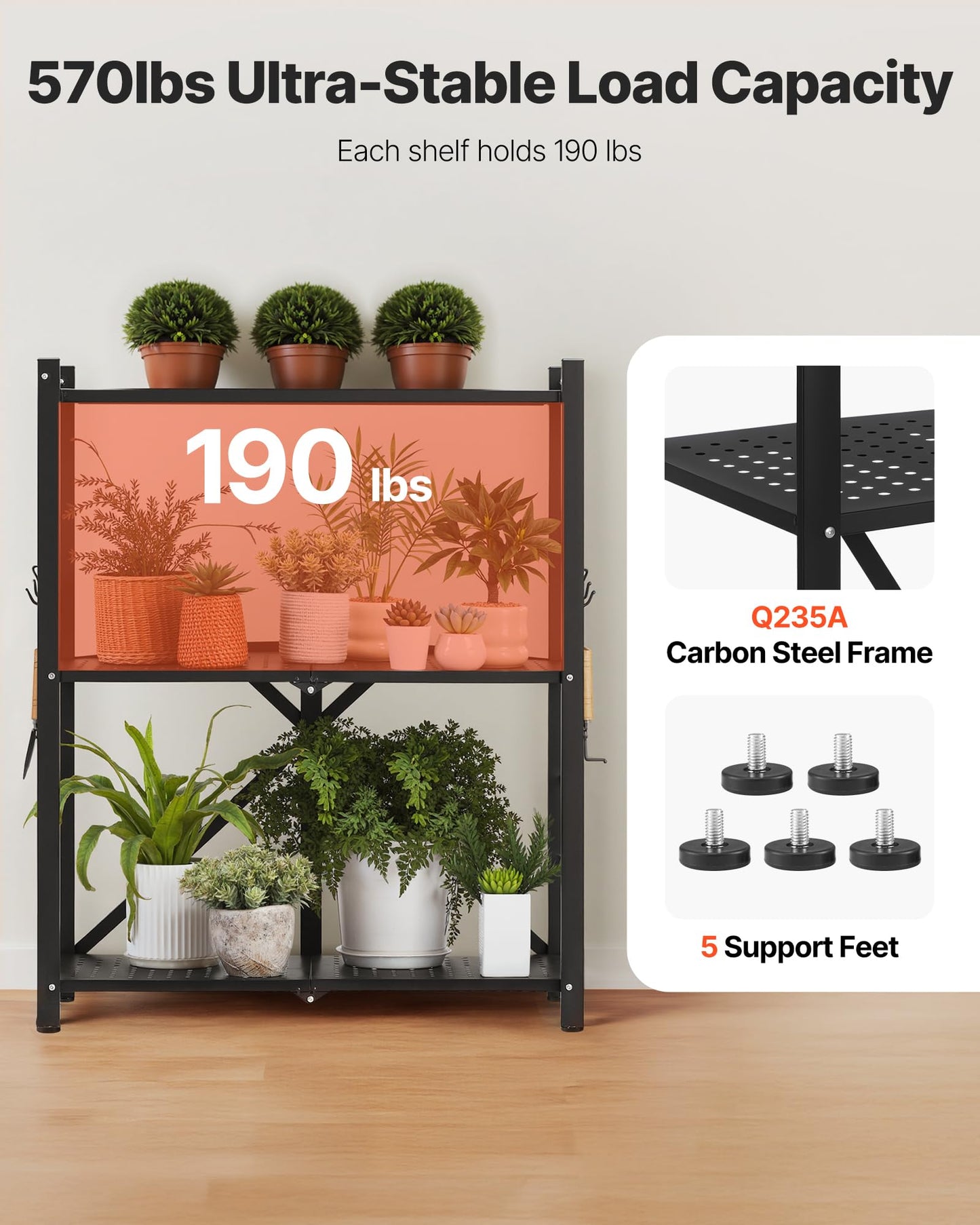 VEVOR 3-Tier Foldable Storage Shelf, 28W x 13D x 36H Inch Folding Metal Rack Shelving Unit, No