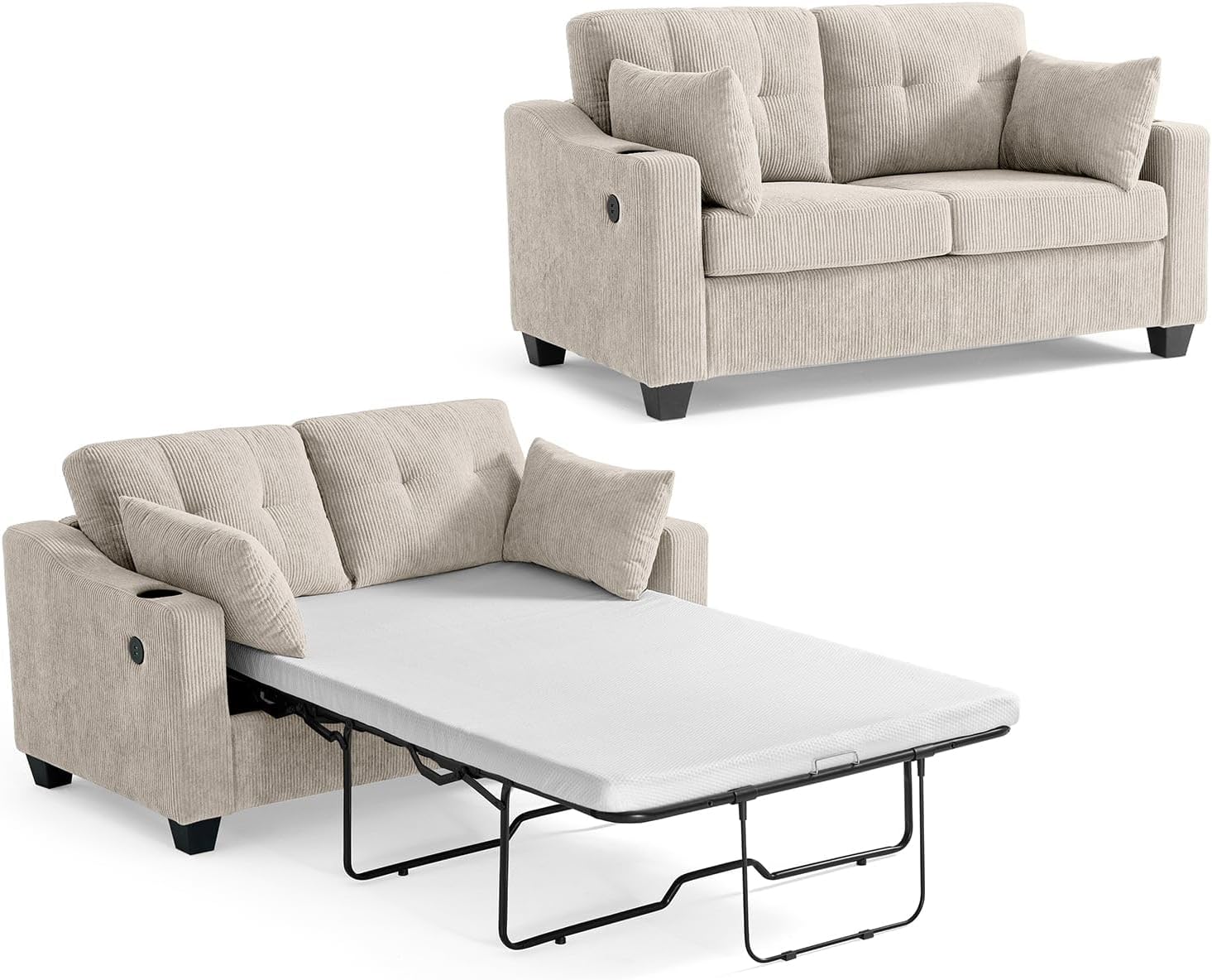 CHIC HOUSE Pull Out Sofa Bed, Full Size Sleeper Sofa, 2-in-1 Convertible Corduroy Couch with USB