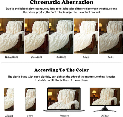 NEWCOSPLAY Faux Fur Throw Blanket Ivory 3D Ribbed Plush Thick Warm Blanket for Couch Sofa Bed
