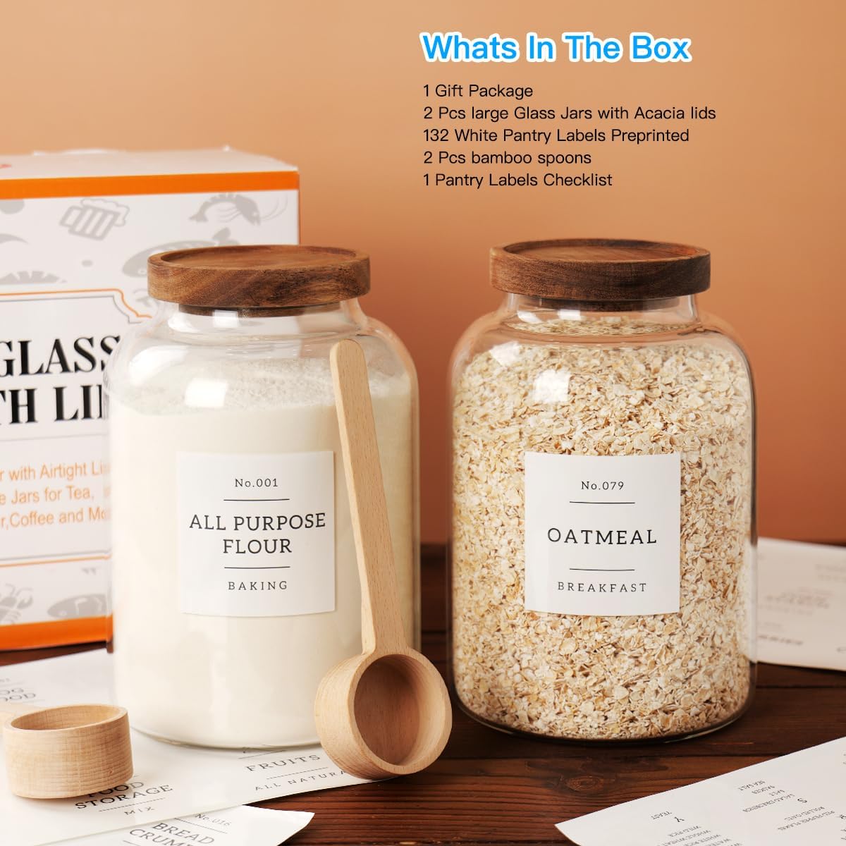 2 PCS Large Glass Jar with Airtight Lid, Glass Food Storage Jars for Tea,Spice,Cereal