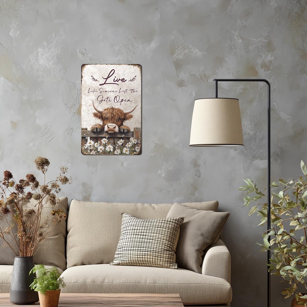 Heuhuww Vintage Highland Cow Decor-Live like Someone Left the Gate Open Tin Sign Farmhouse Wall Art
