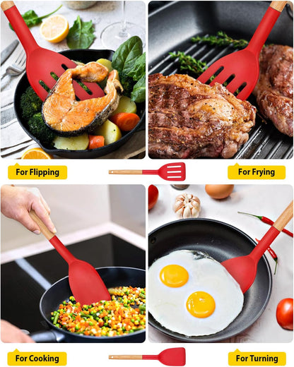 Pack of 2 Silicone Cooking Spatula, Heat Resistant Solid Turner, Non Stick Slotted Spatulas with