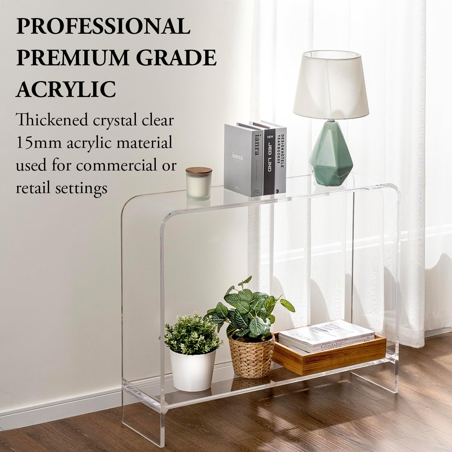 MyGift Premium 15mm Clear Acrylic Entryway Console Table with Bottom Display Shelf, 2 Tier Living