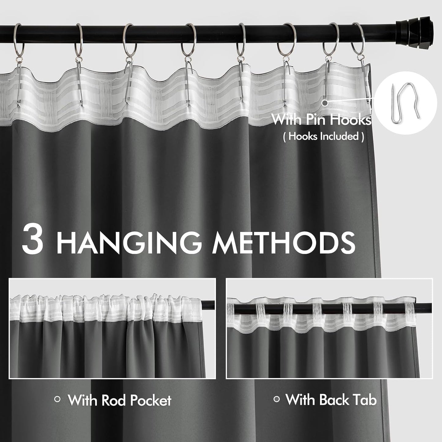 MIULEE Back Tab Grey Blackout Curtains 108 Inch Long 2 Panels Set for Living Room Bedroom Privacy