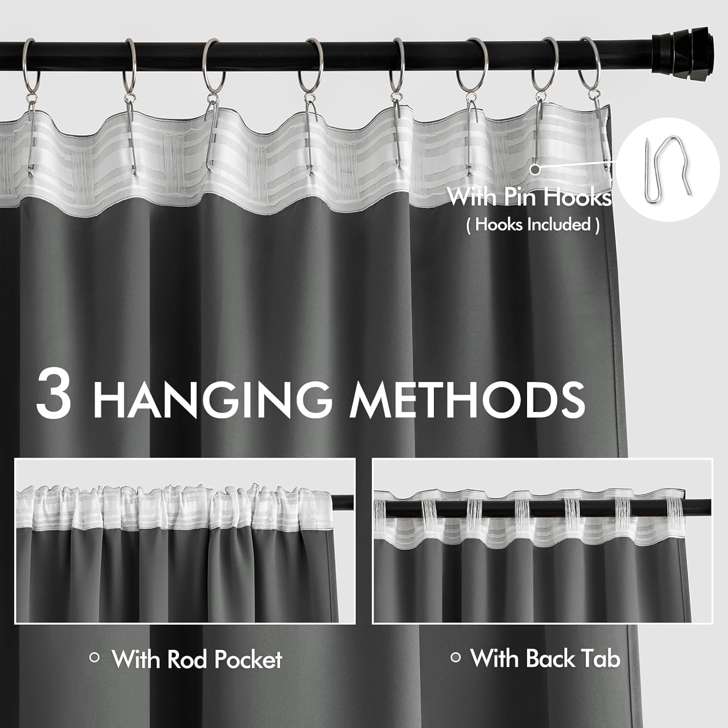MIULEE Grey Back Tab Blackout Curtains 72 Inch Length 2 Panels Set for Living Room Bedroom Privacy