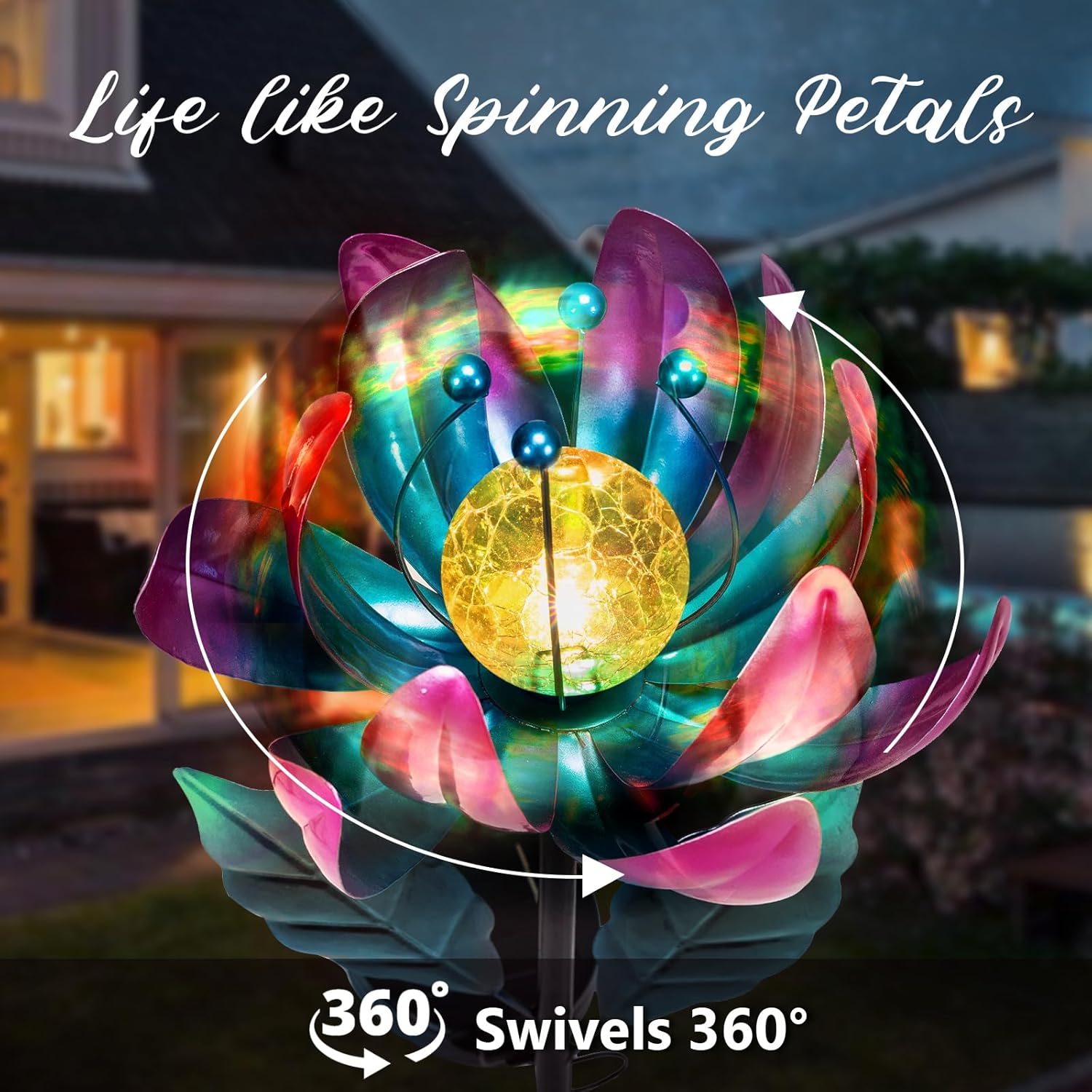 Solar Purple Metal Flower Wind Spinners, Colorful Spinning Windmill Lotus Yard Art Lights Wind