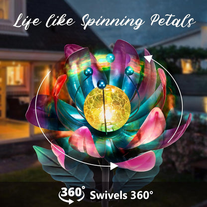 Solar Purple Metal Flower Wind Spinners, Colorful Spinning Windmill Lotus Yard Art Lights Wind