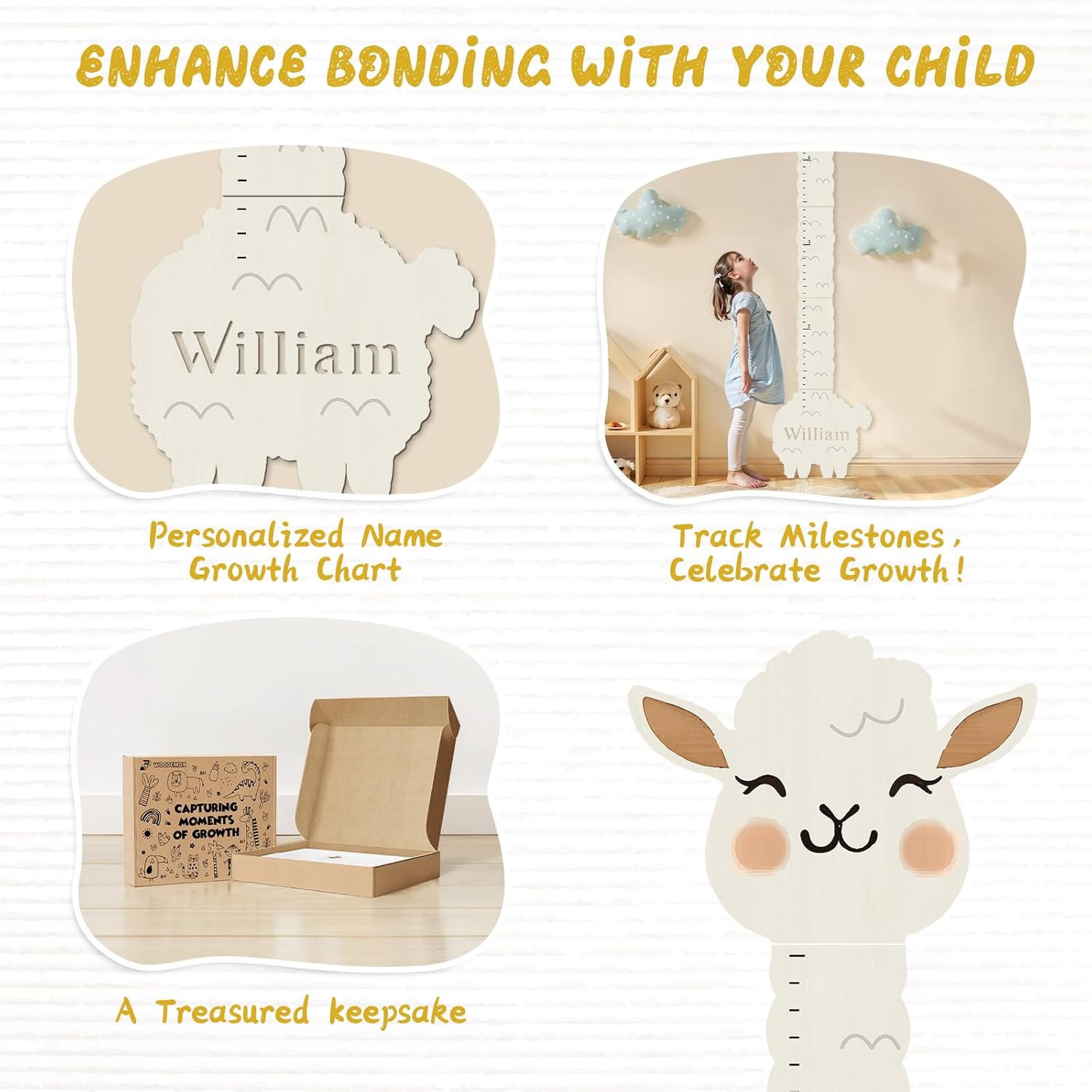 Personalized Name Height Chart for Kids, Alpaca Wood Growth Chart, Height Measuring for Children