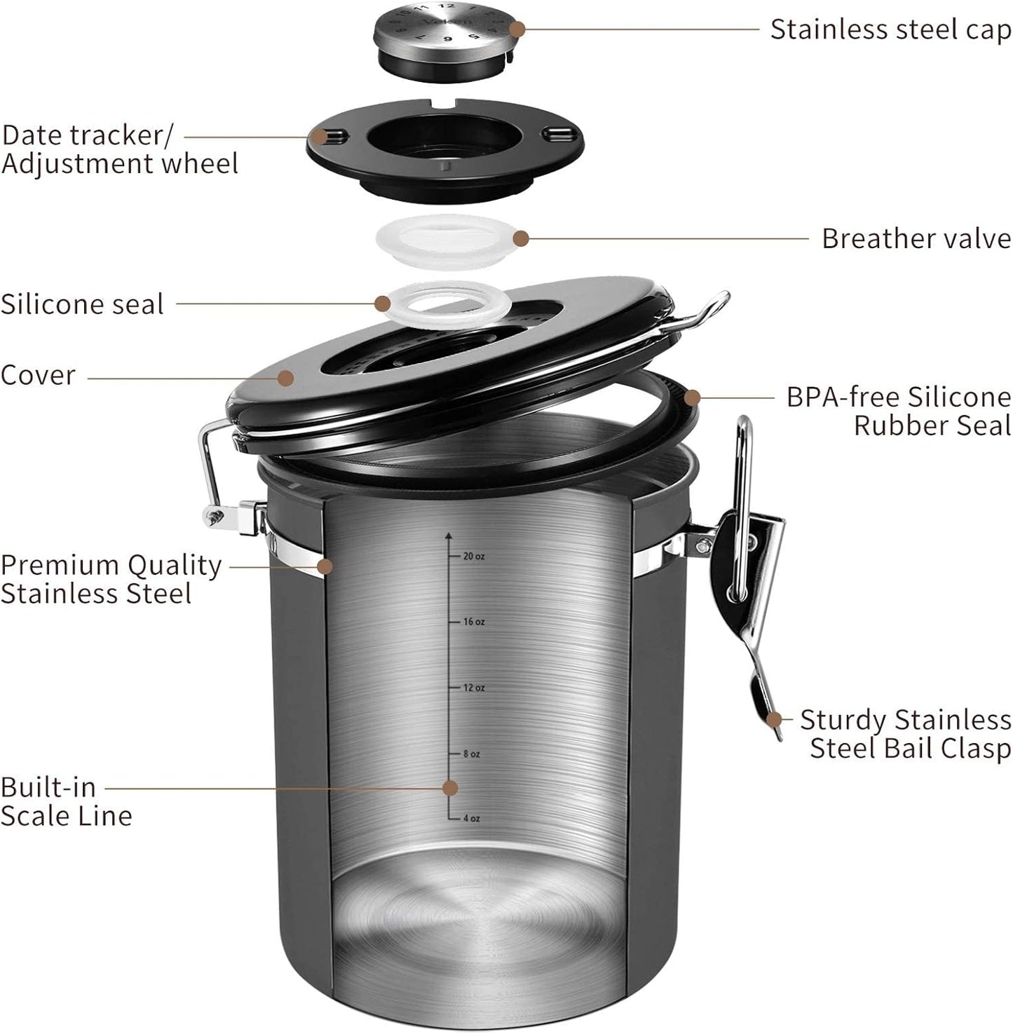 Veken Coffee Canister, Airtight Stainless Steel Kitchen Food Storage Container with Date Tracker
