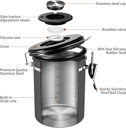 Veken Coffee Canister, Airtight Stainless Steel Kitchen Food Storage Container with Date Tracker