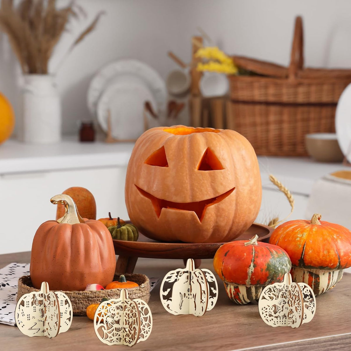 COCHIE DIY 3D Halloween Pumpkin Wood Crafts to Paint for Kids Adults, Paintable Unfinished Wooden