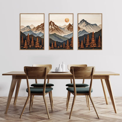 HLNIUC Large Boho Mountain Framed Canvas Wall Art Set,Woodcut Style Mountain Wall Decor,Vintage