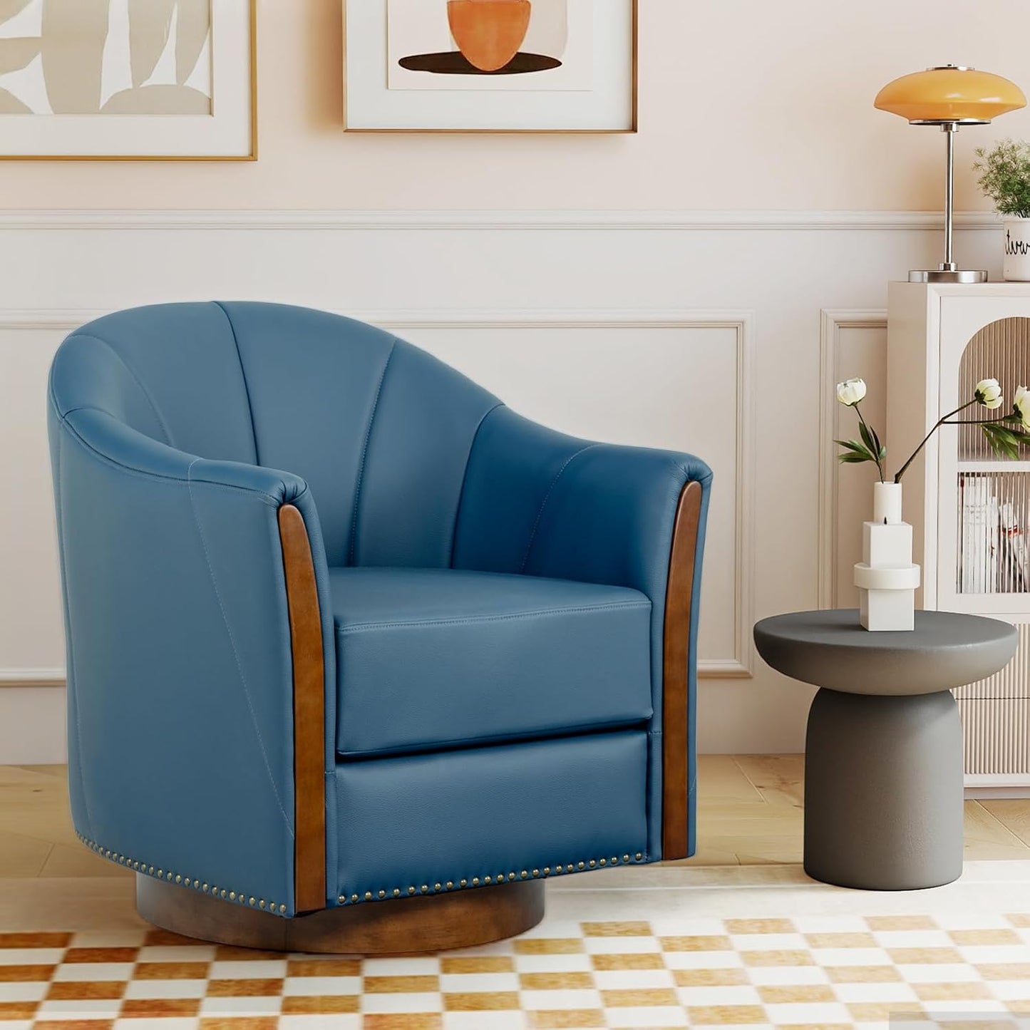 360° Swivel Accent Chair, Modern Leather Barrel Club Chair with Leather Upholstery and Sturdy Wood