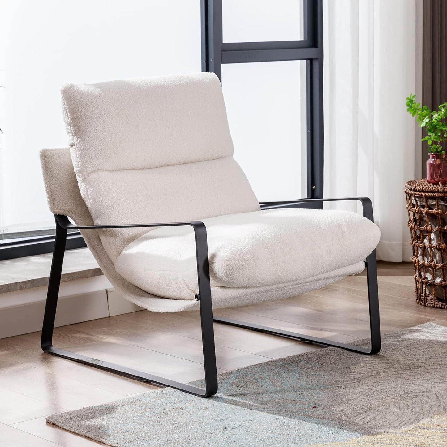DUOMAY Modern White Sherpa Accent Chair, Comfy Lounge Lazy Chair with Metal Leg, Mid-Century Corner