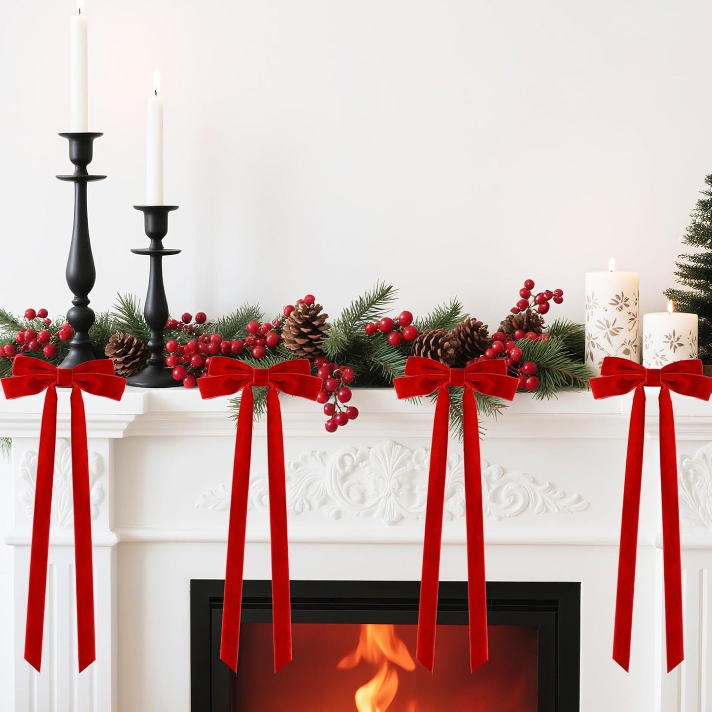 Senjie 10Pcs Large Velvet Christmas Tree Bows, 20in x 8in Premade Vintage Ribbon Tree Topper Bows