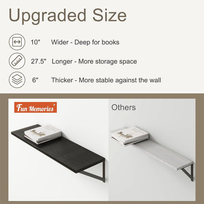 Fun Memories 27.5" W x10 D Floating Shelves, Black Wall Shelf with Brackets, 10 Inch Deep Floating