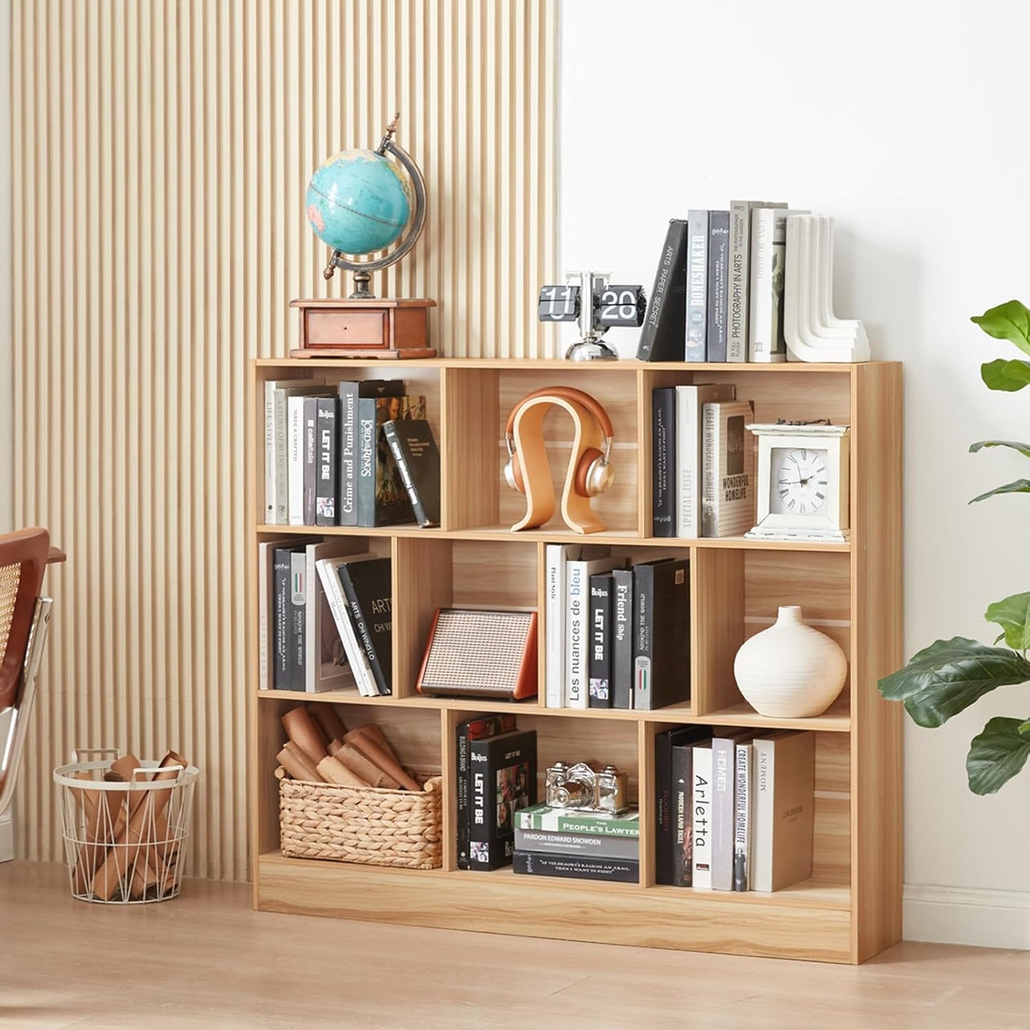 LEYAOYAO 10 Cube Bookshelf with Base,3 Tier Mid-Century Modern Grey Bookcase,Standing Wide