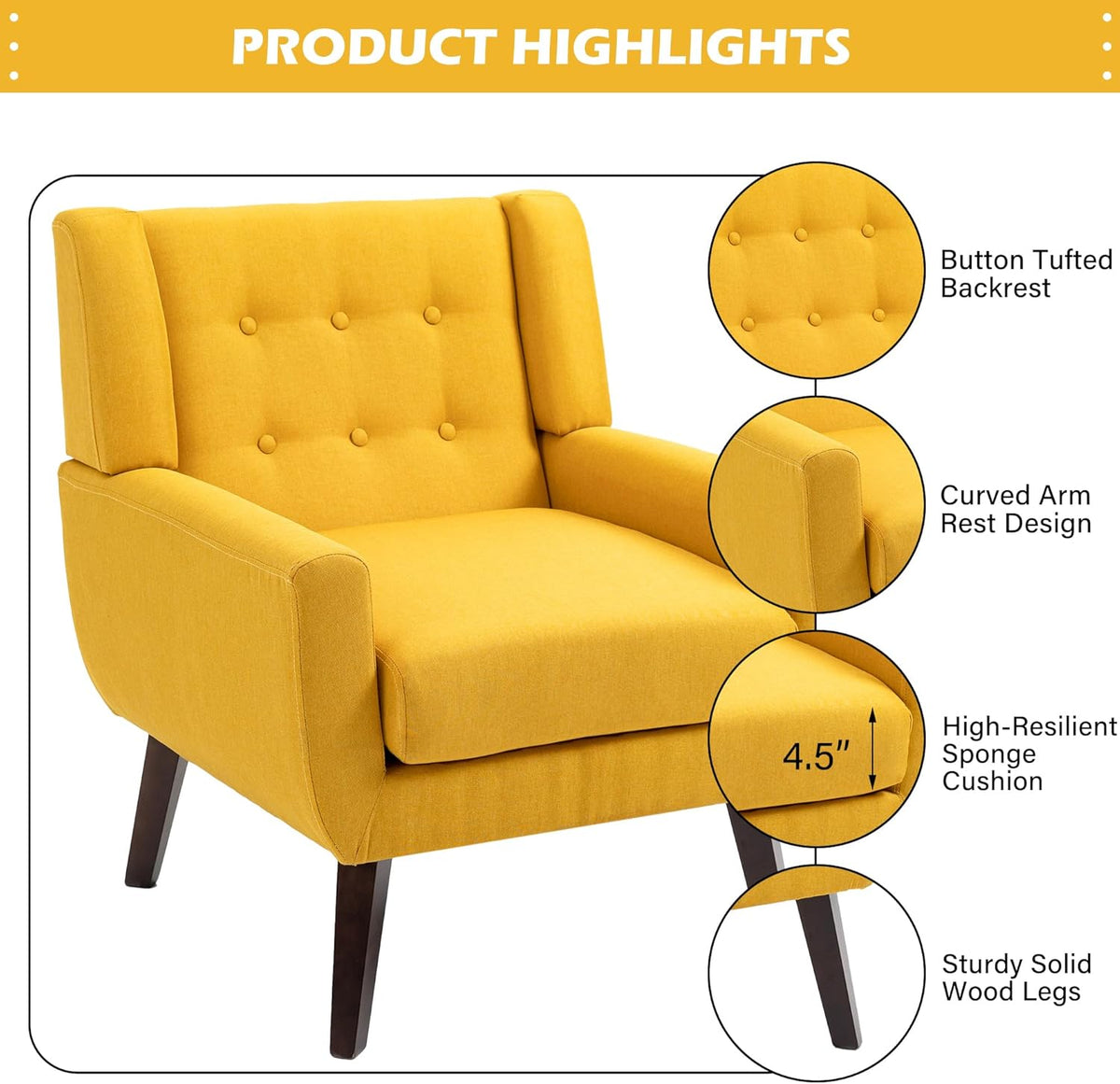 UIXE Accent Chair, Modern Upholstered Armchair Mid-Century Arm Chair in Fabric for Living Room