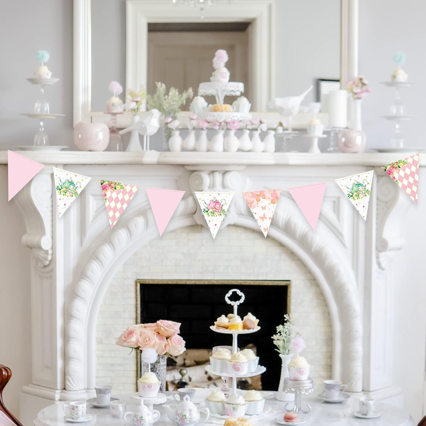 Spring Tea Party Decorations Pink and Gold Floral Flower Butterfly Teapot Teacup Plaid Paper