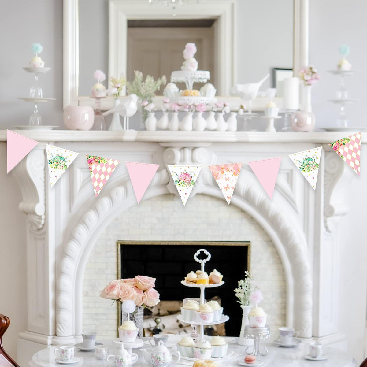 Spring Tea Party Decorations Pink and Gold Floral Flower Butterfly Teapot Teacup Plaid Paper