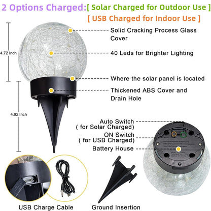 Beautyard Solar Globe Lights Outdoor Large Garden Decor USB Charged 4.72" Diameter 40LED 1000mAh