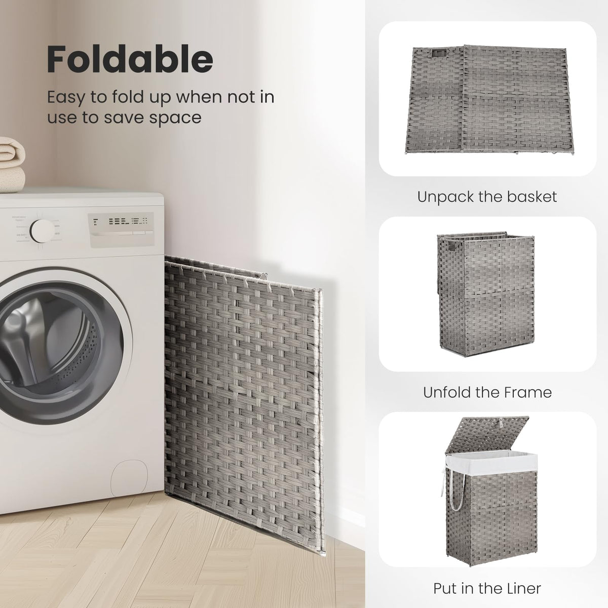 DUMOS Woven Laundry Basket with Lid, 90L Large Capacity Hamper, Removable & Machine-Washable Liner