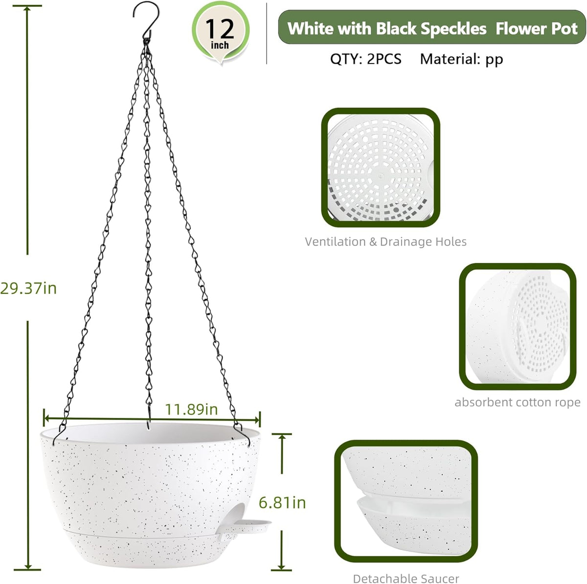 12 Inch Hanging Baskets 2 PC with Chains, Self-Watering Hanging Planters for Indoor Outdoor Plants