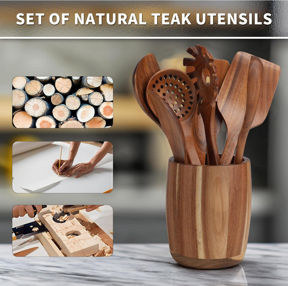 9 PCS Kitchen Utensils Set - Wooden Spoons for Cooking, Natural Teak Wooden Utensils - Includes