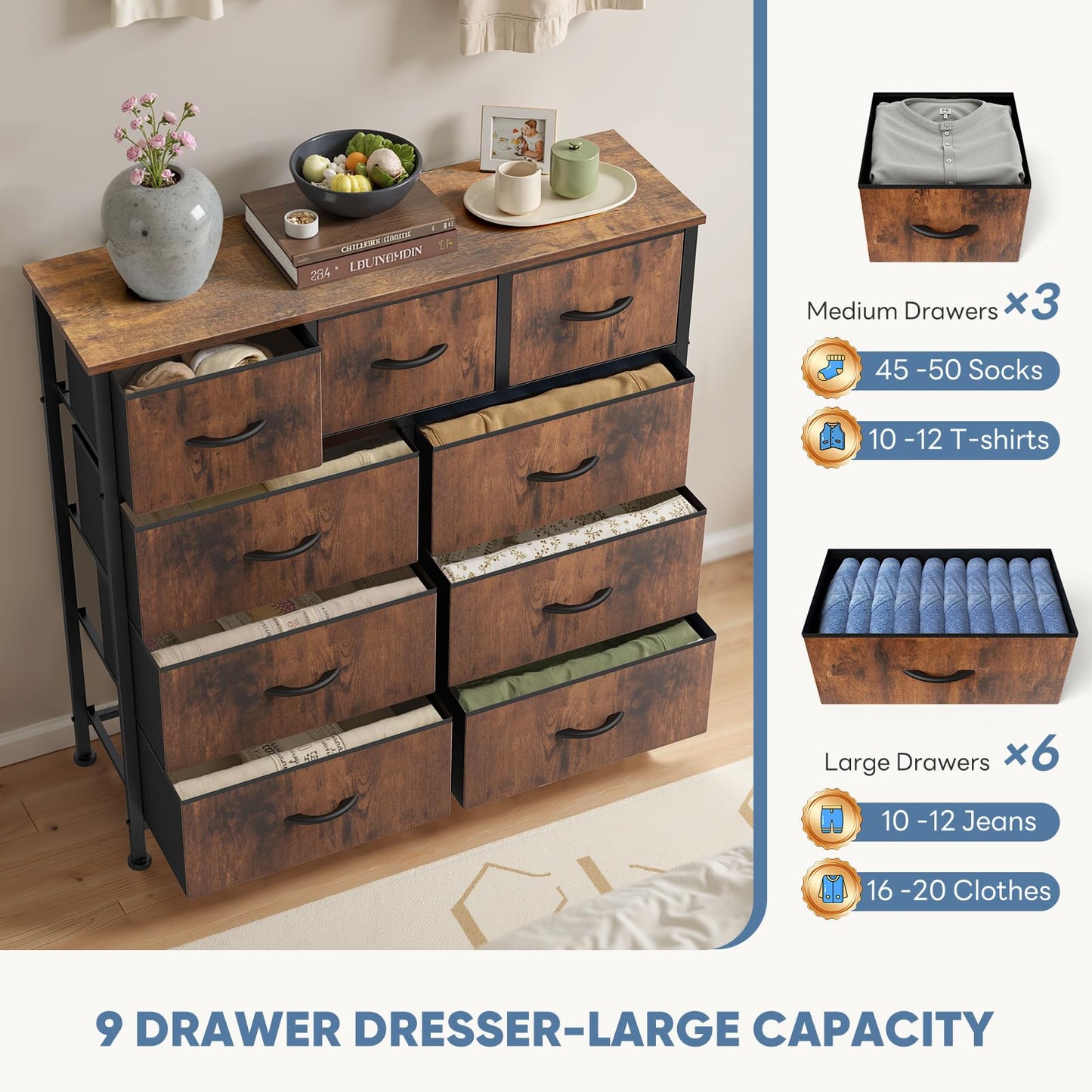 DUMOS Dresser for Bedroom, Storage Organizer with 9 Drawers