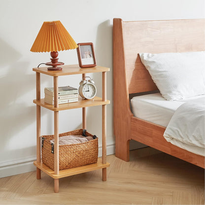 IBUYKE 3-Tier Side Table, Solid Wood Tall End Table with Storage Shelves, Nightstand Bedside Table