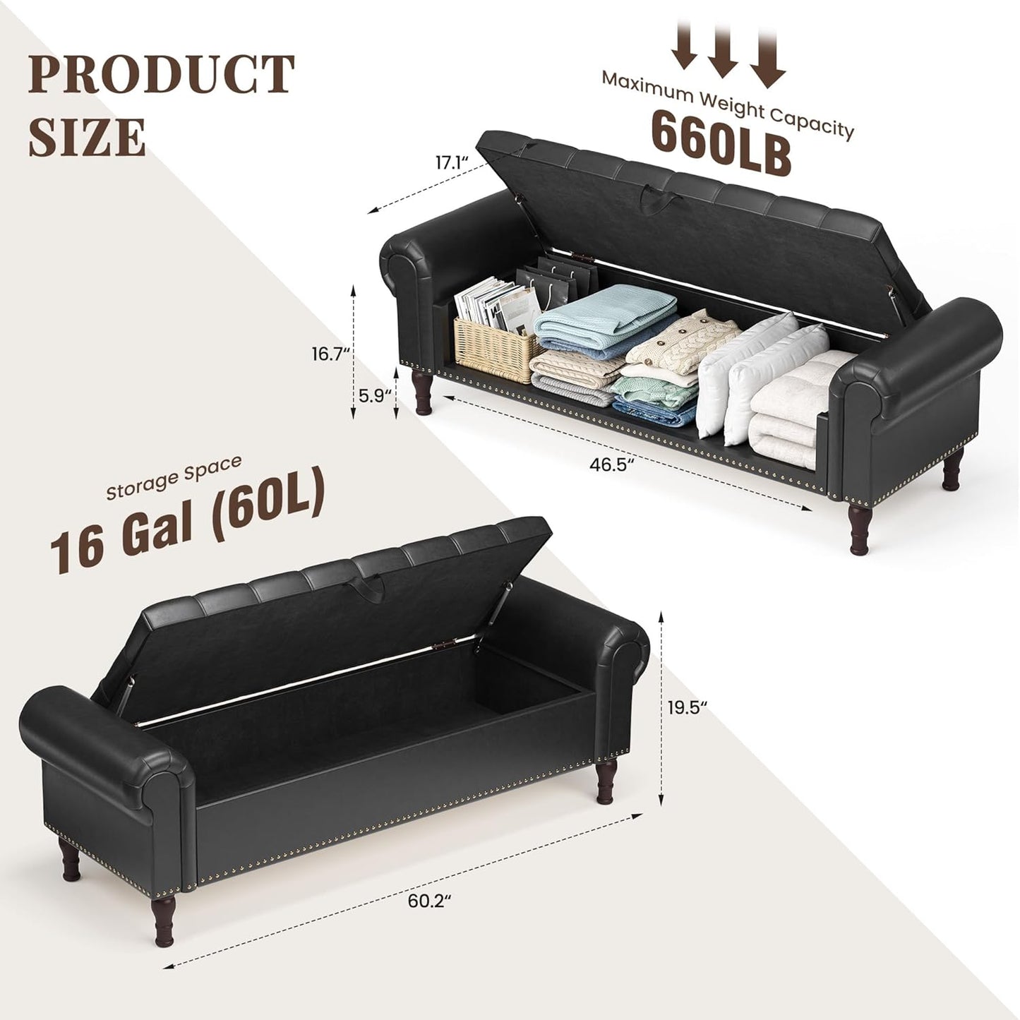 60" Storage Ottoman Bench for Bedroom, Full Queen Storage Bench with Button, Upholstered Bedroom