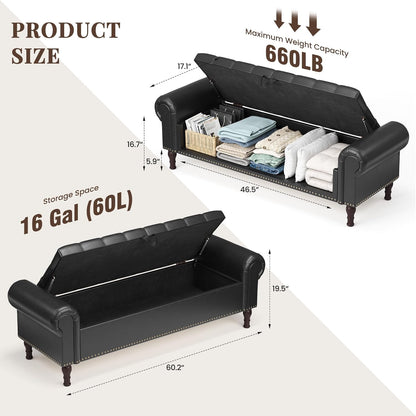 60" Storage Ottoman Bench for Bedroom, Full Queen Storage Bench with Button, Upholstered Bedroom