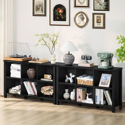 6 Cube Bookcase, Farmhouse Wood Low Storage Organizer Book Shelf, Black 47" Horizontal Console