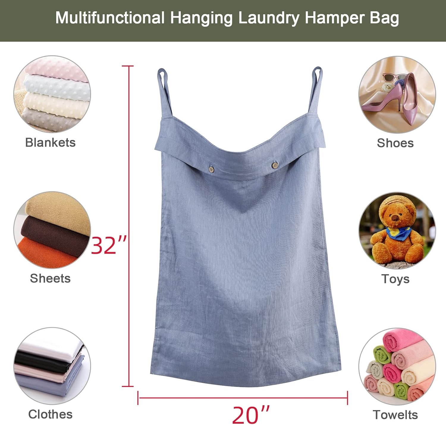 Linen Hanging Laundry Bag, 100% Linen Over The Door Laundry Hamper with Buttons and Zipper, Space
