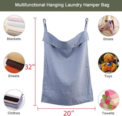 Linen Hanging Laundry Bag, 100% Linen Over The Door Laundry Hamper with Buttons and Zipper, Space