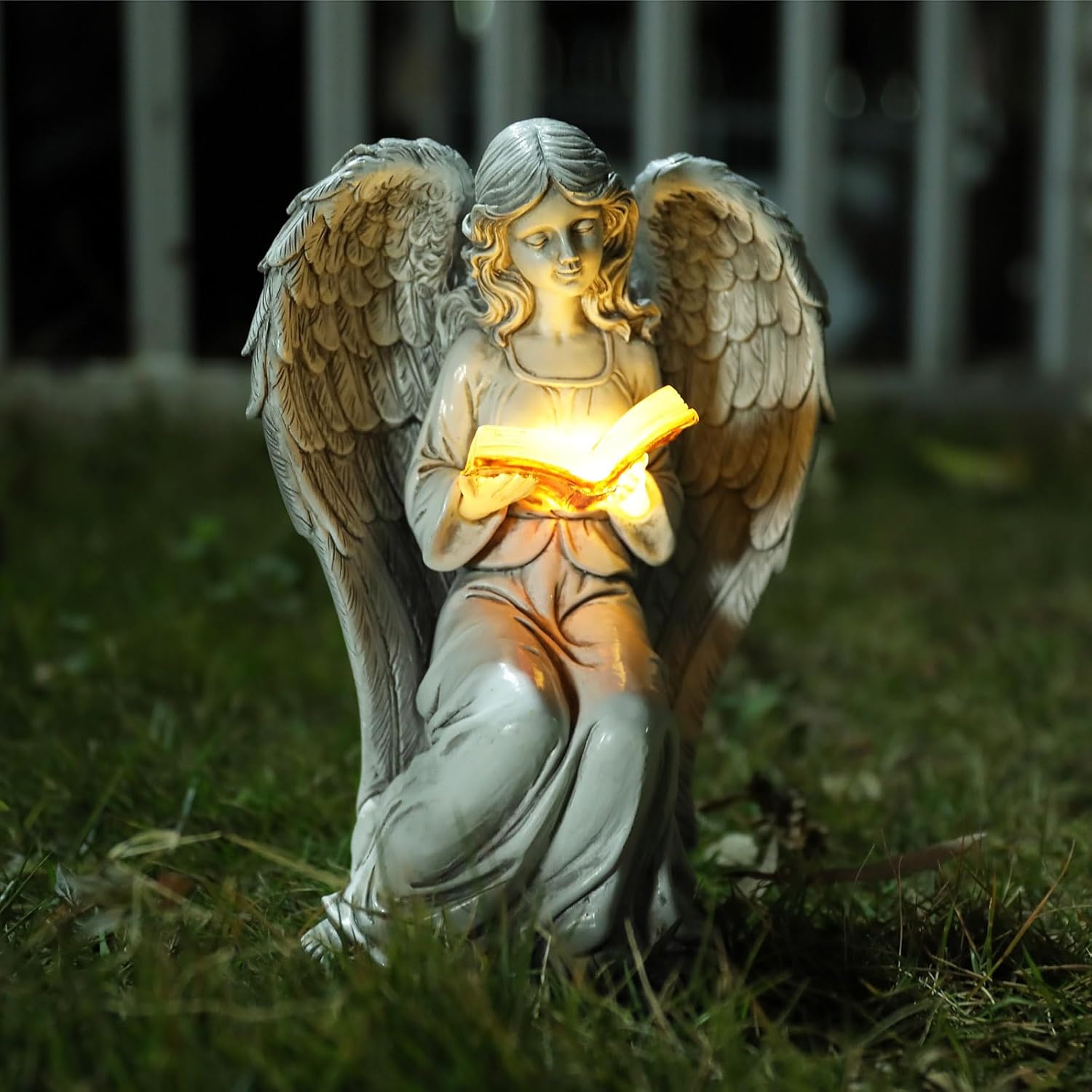 Angel Statue Outdoor Decor, Elegant Angel Garden Statues Reading Book with Solar LED Lights Yard