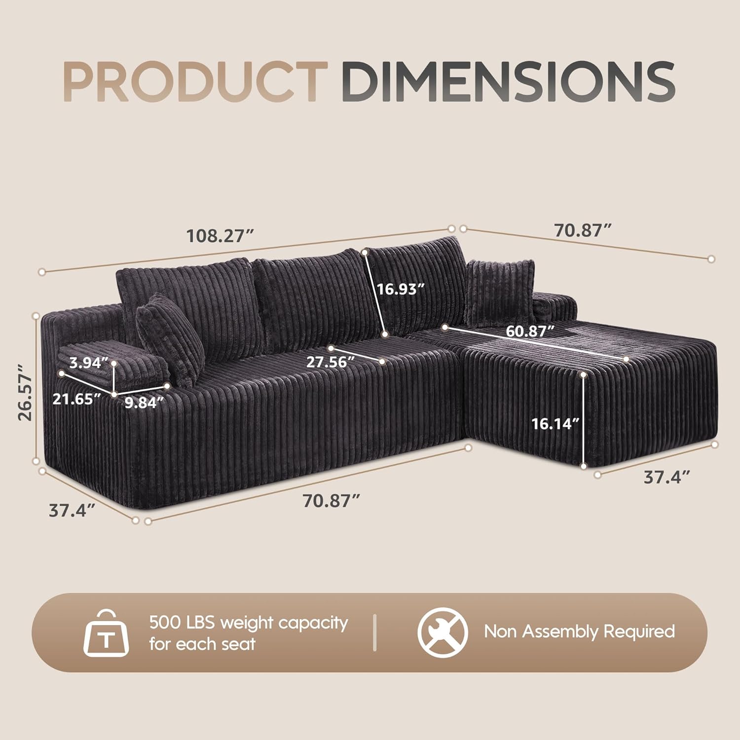 Hobestluk Modular Sectional Sofa Couches 108" L-Shape Couch 3 Seat Modular Sofa Memory Foam