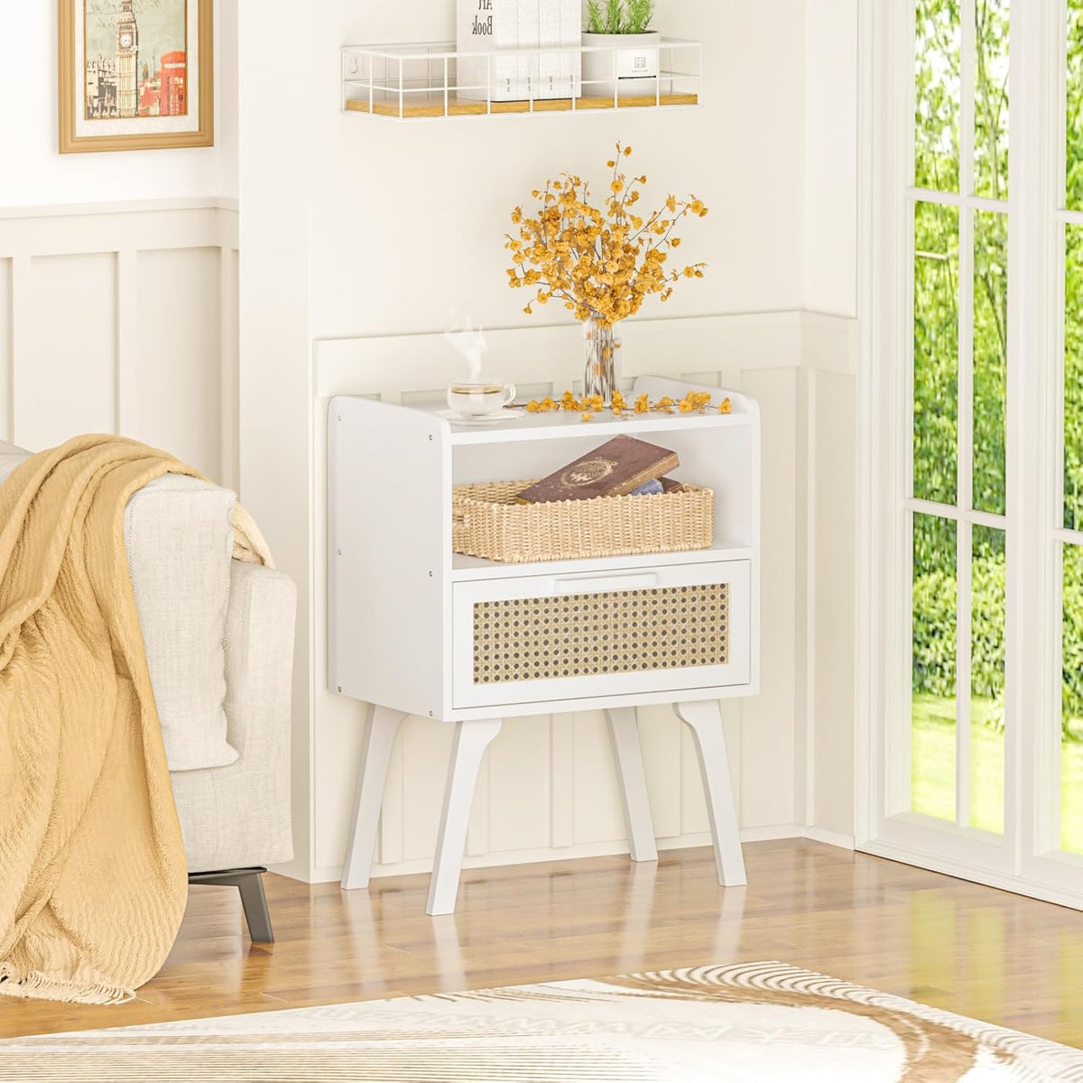 Lerliuo Rattan Nightstand, Bedside Table with Drawer Open Shelf, Cane Accent Side End Table with