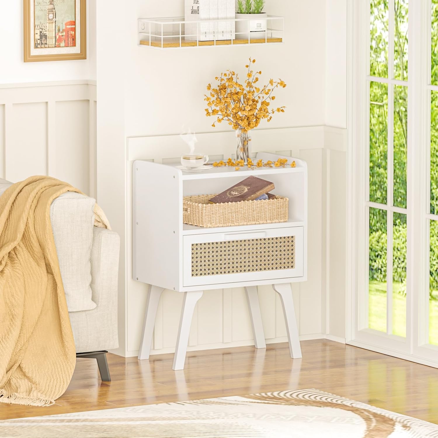 Lerliuo Rattan Nightstand, Bedside Table with Drawer Open Shelf, Cane Accent Side End Table with