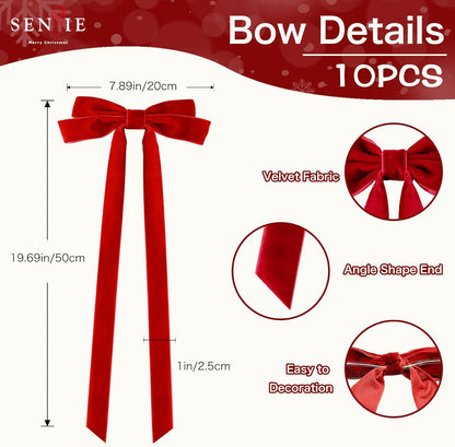 Senjie 10Pcs Large Velvet Christmas Tree Bows, 20in x 8in Premade Vintage Ribbon Tree Topper Bows